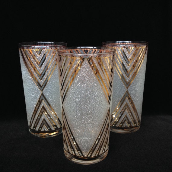 3 tall drinking glasses gold etched textured glass hollywood