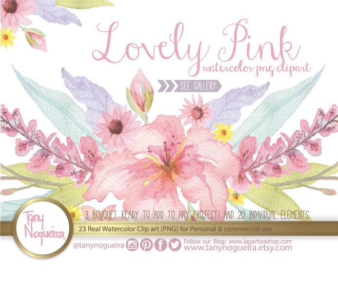 Lovely Pink Watercolor Flowers Wedding Elements PNG Vintage