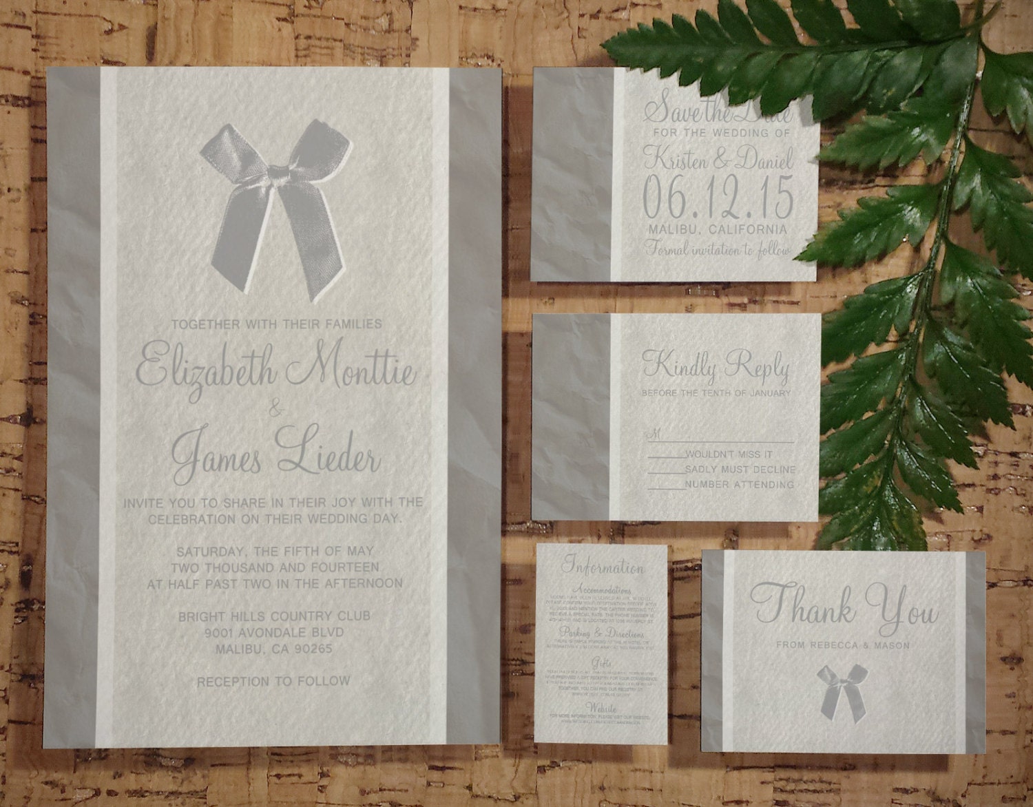Silver Vintage Bow & Linen Wedding Invitation by InvitationSnob