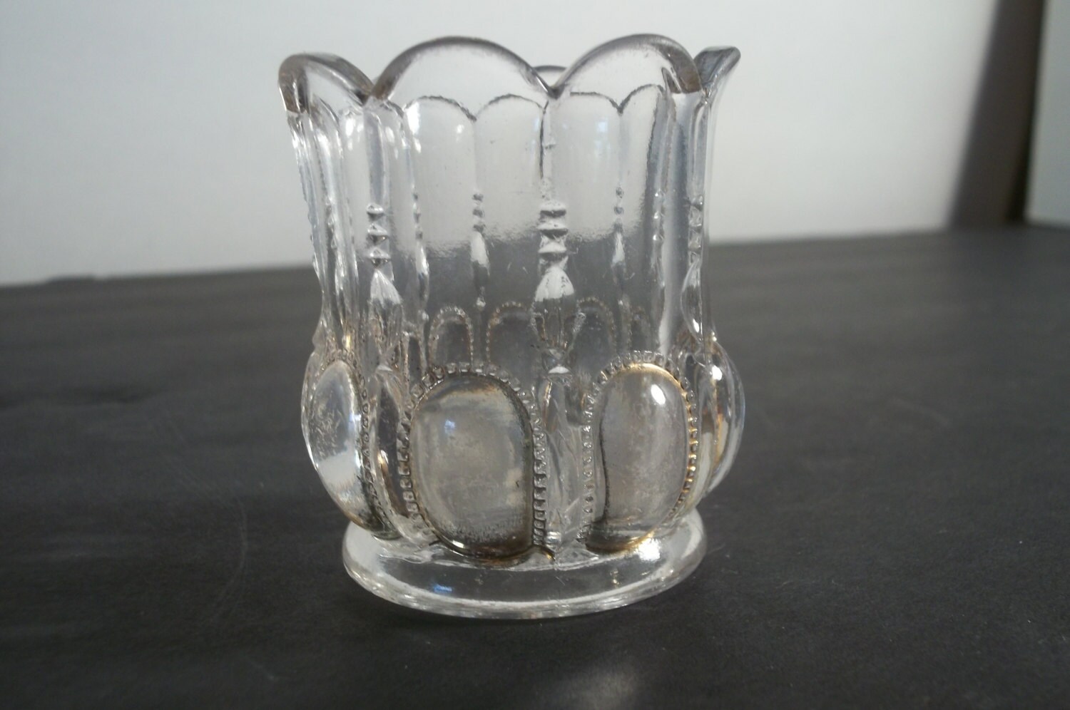 Clear Glass Toothpick Holder with Gold Trim Scalloped Rim