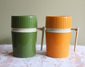 A Set of Retro Thermos Cups in Mustard Yellow and Avocado Green