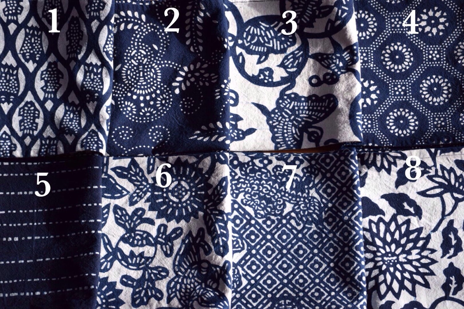 Indigo nankeen fabric by the yard. Hand stenciled on cotton