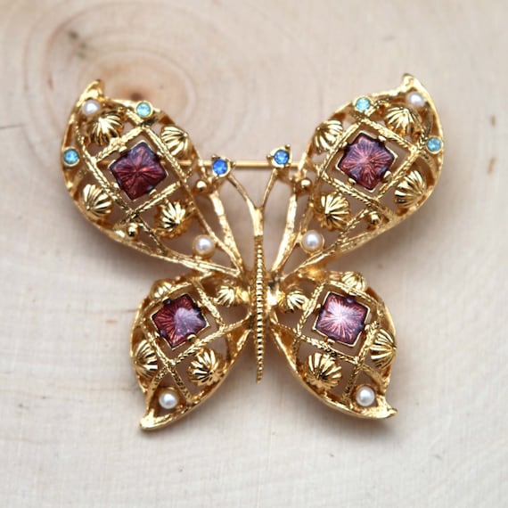 AVON Big Gold Butterfly Brooch Pin with Colorful Crystals