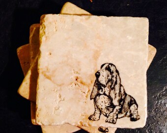 Basset Hound Coasters ~ Stone Coasters ~ Stamped Coasters~ Stone Tile Coasters ~ Set of 4 Coasters