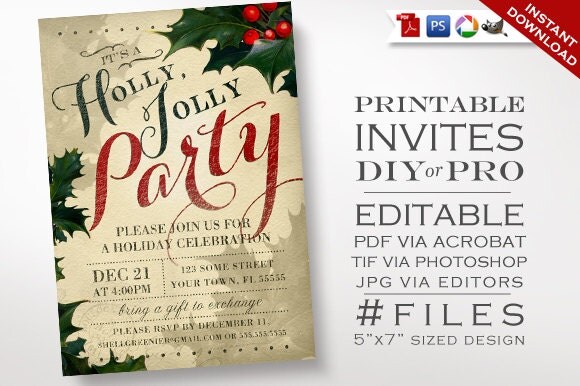 Christmas Invitation Template Vintage Holly Holiday Party