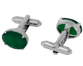 925 Sterling Silver Natural Green Onyx Gem Stone Cufflinks