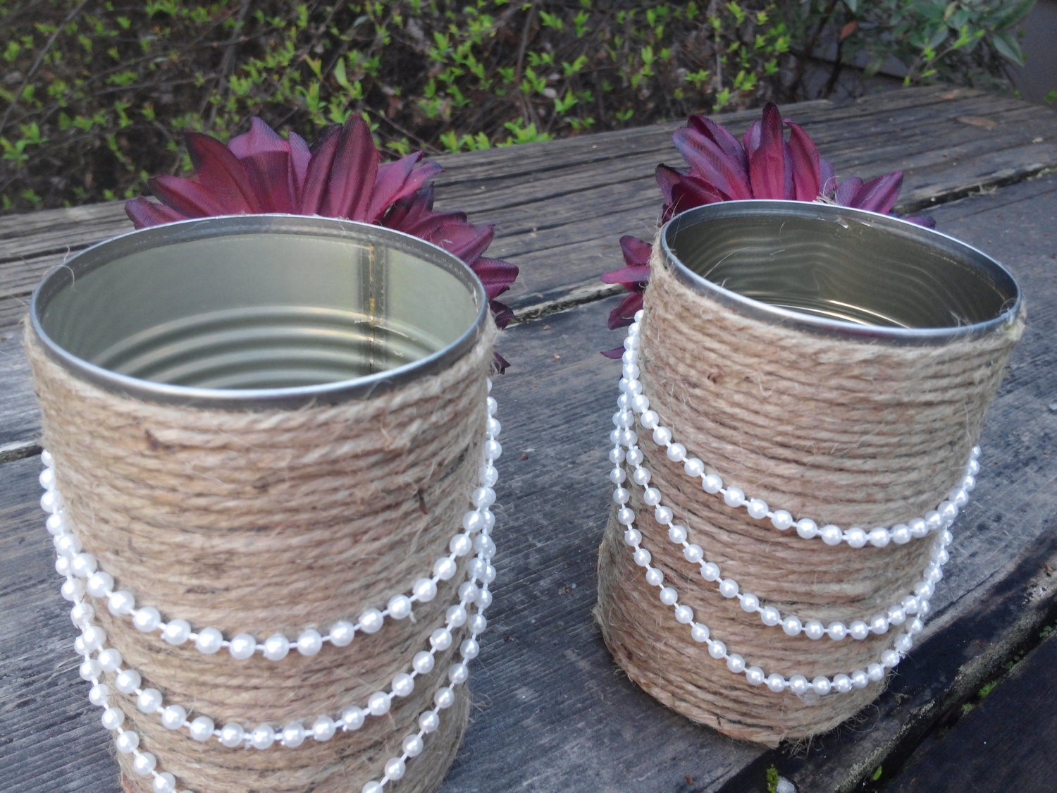 2 Upcycled Jute Twine Tin Cans Pencil Holder Makeup by craftyjtown