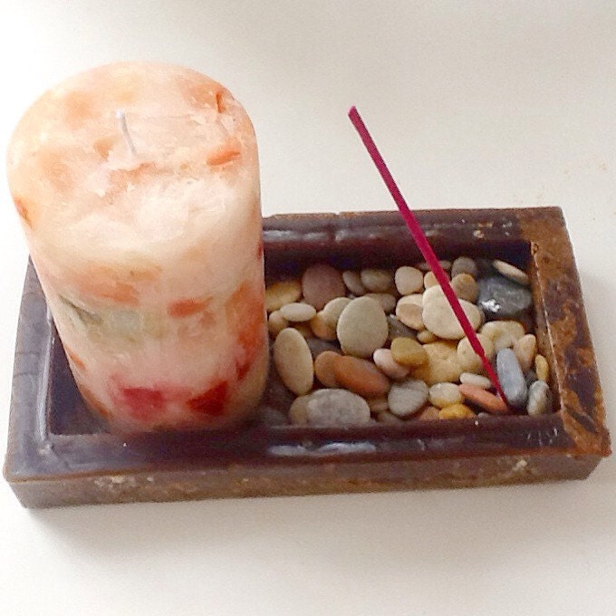 Handmade Candle Set Tray and Pebbles Zen by MahalKitaDesigns