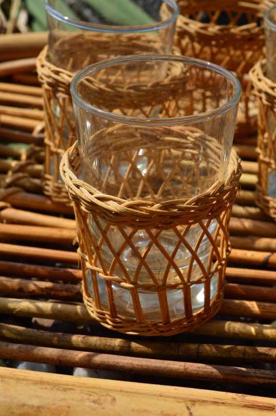 Set of 7 Wicker Rattan drinking glasses and holders