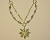 VINTAGE Green Jade Colored Beads Ornate Flower Pendant Necklace with Green Rhinestones Gold Tone