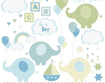 Baby boy,new baby, elephants green and blues, digital clip art set