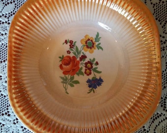 Vintage Lusterware Orange and Floral Serving Bowl