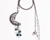Selune - cresent moon necklace made from fine and sterling silver, moonstones and blue apatite, wire wrapping, wire wrap