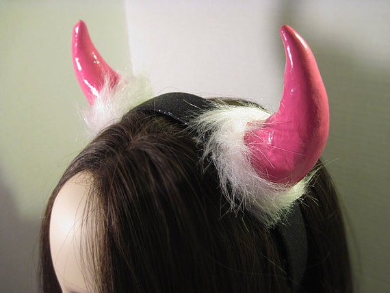 hot Pink Devil Horns with white fur by pamzylove on Etsy