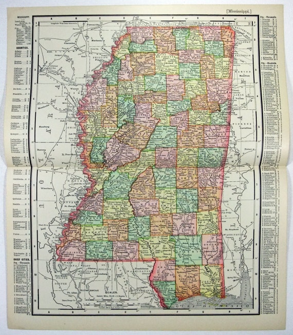 Vintage Original 1895 Map of Mississippi by by BooksMapsandStuff