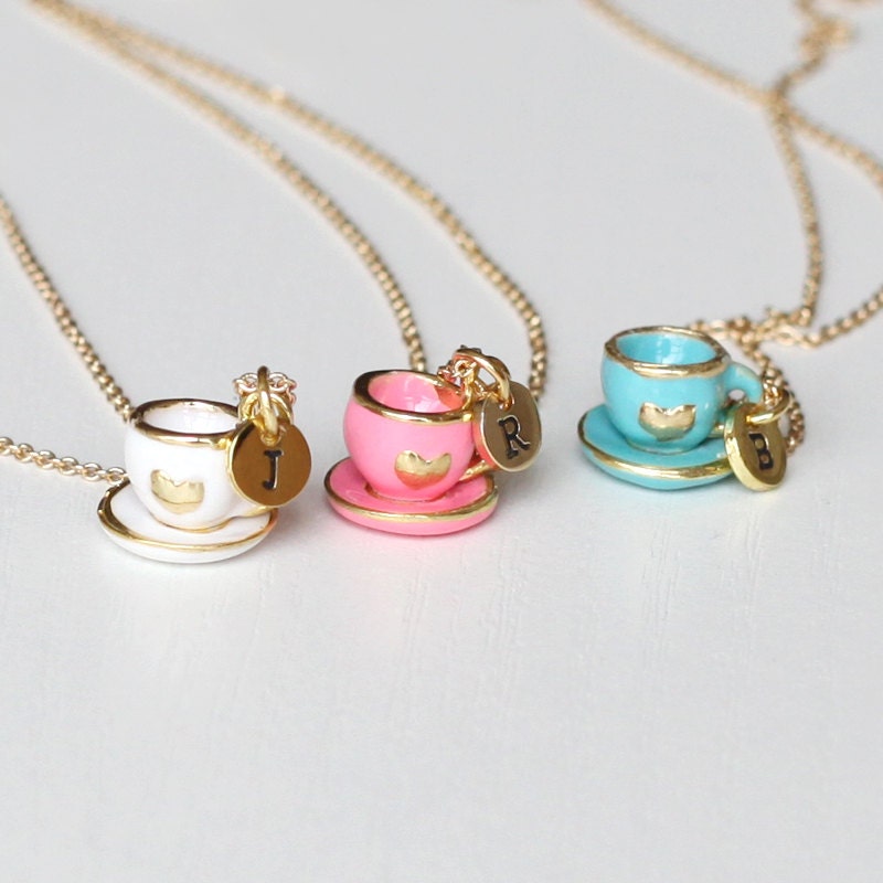 tea set necklace initial necklace tiny pink tea pot jewelry