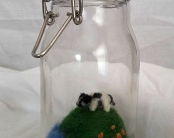 Miniature needle felted Cow in a Bottle