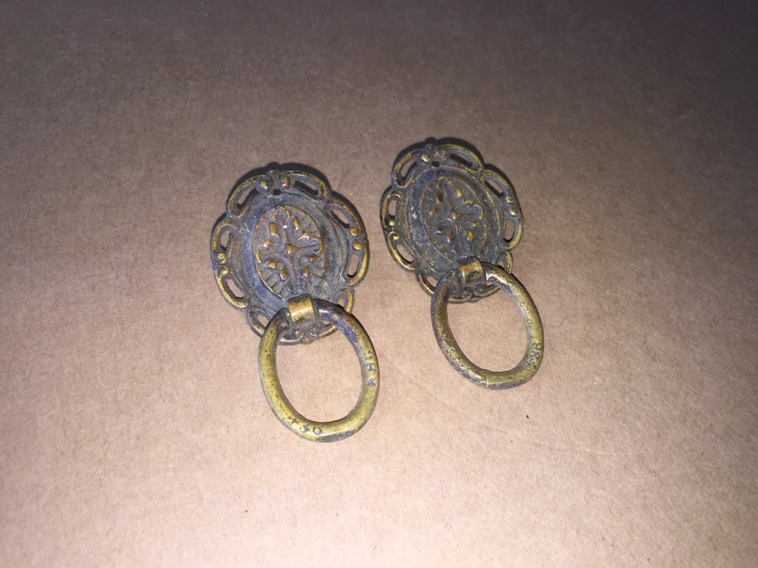 Pair of Antique / Vintage chinese drawer pulls furniture hardware brass