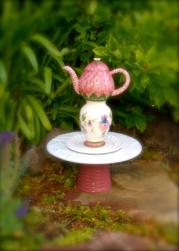 Strawberry Teapot Totem/Birdfeeder/Garden by RubbishJunkee on Etsy