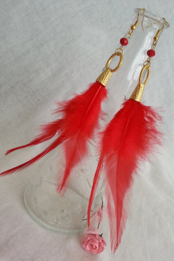 Red Passion Feather & red bead golden earrings Stylish by DeryaArt