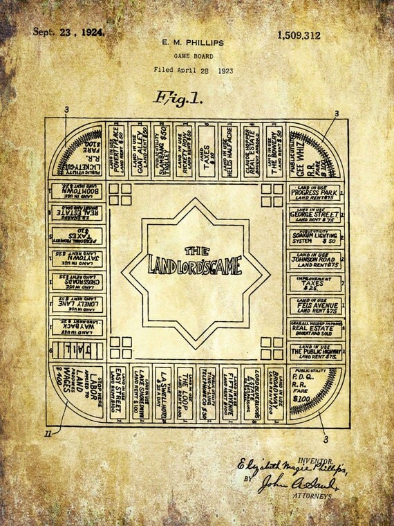 The Landlord's Game Board Game Patent Print by PastTensePosters