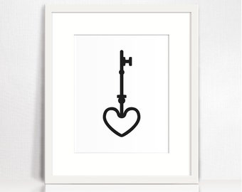 Heart key wall art. New home gift housewarming decoration. Romantic home decor black and white printable poster. Instant download print