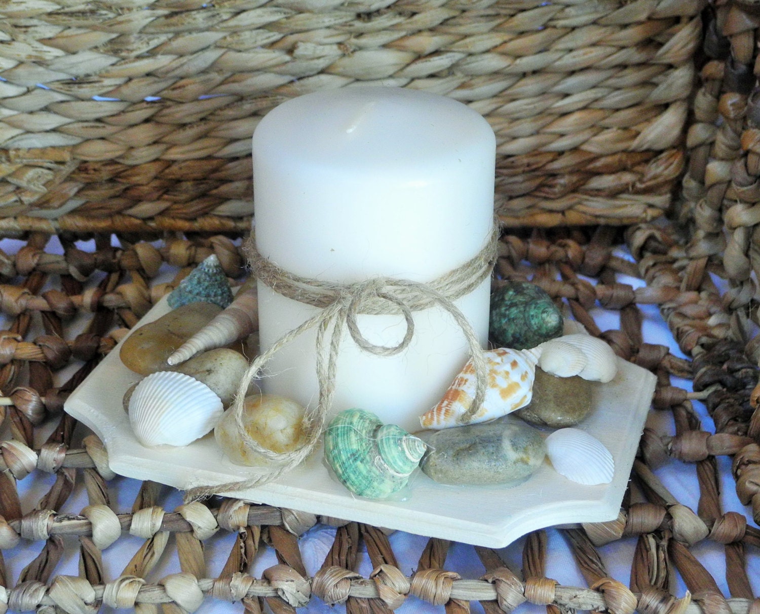 Beach Theme Candle With Seashells And Pebbles