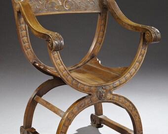 19th C French Renaissance Revival Carved Walnut Savonarola Chair