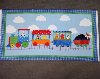 Wall hanging fabric. Kids train fabric panel. Dog fabric. Boys nursery fabric. Cloud fabric. Quilt cot panel. Puppy fabric panel. Blue