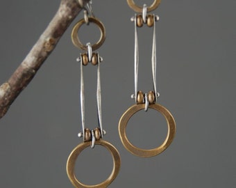 Mixed metal earrings, sterling silver, brass, hand forged links, artisan jewelry, long dangle, oxidized, industrial, steampunk, metalsmith