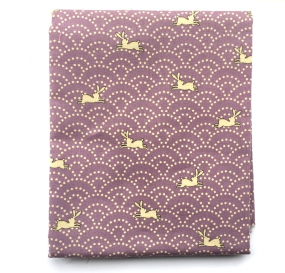 Japanese Fabric - Half Yard Fabric -  Cute Beige Rabbits And Waves - Light Purple Fabric - 110 cm x 50 cm (F88)