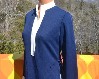 vintage 60s women's shirt LESLIE FAY tunic henley nautical stripe side tie blouse 70s Medium navy white