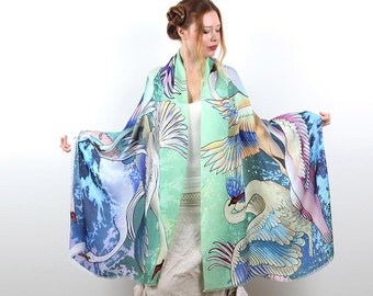 Pastel Goth Scarf, Bridal Shrug, Girlfriend Gift, Swans Scarf, Painted Sarong, Oversized Shawl, Summer Wrap, Bohemian Scarf, Silk Sarong