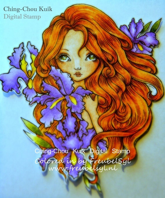 Iris - Digital Stamp Instant Download / Flower Lady Fantasy Art by Ching-Chou Kuik