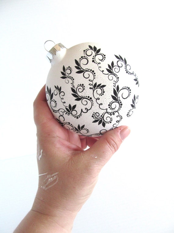 Black and White Hand Painted Glass Christmas Ornament