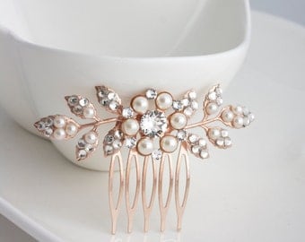 Bridal Comb Rose Gold Wedding Hair Comb Small Hair Comb Pearl Crystal Leaf Comb MACY