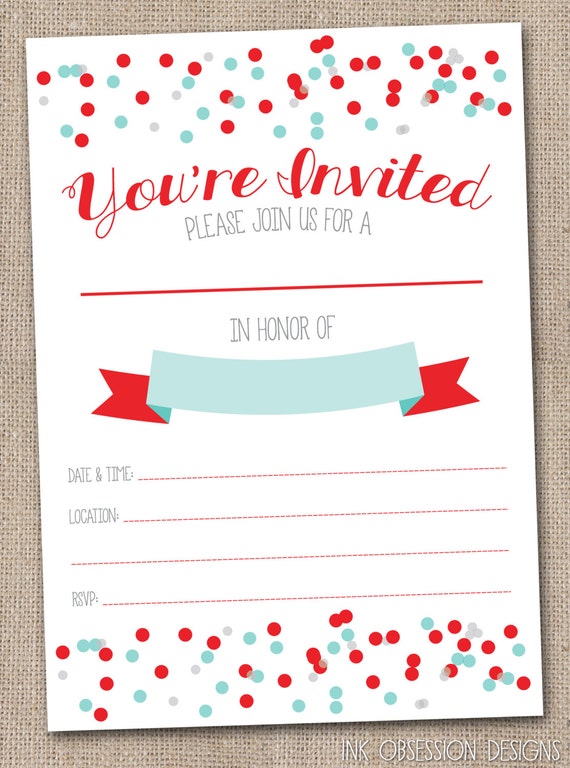 Instant Download Party Invitation Blue Red by InkObsessionDesigns