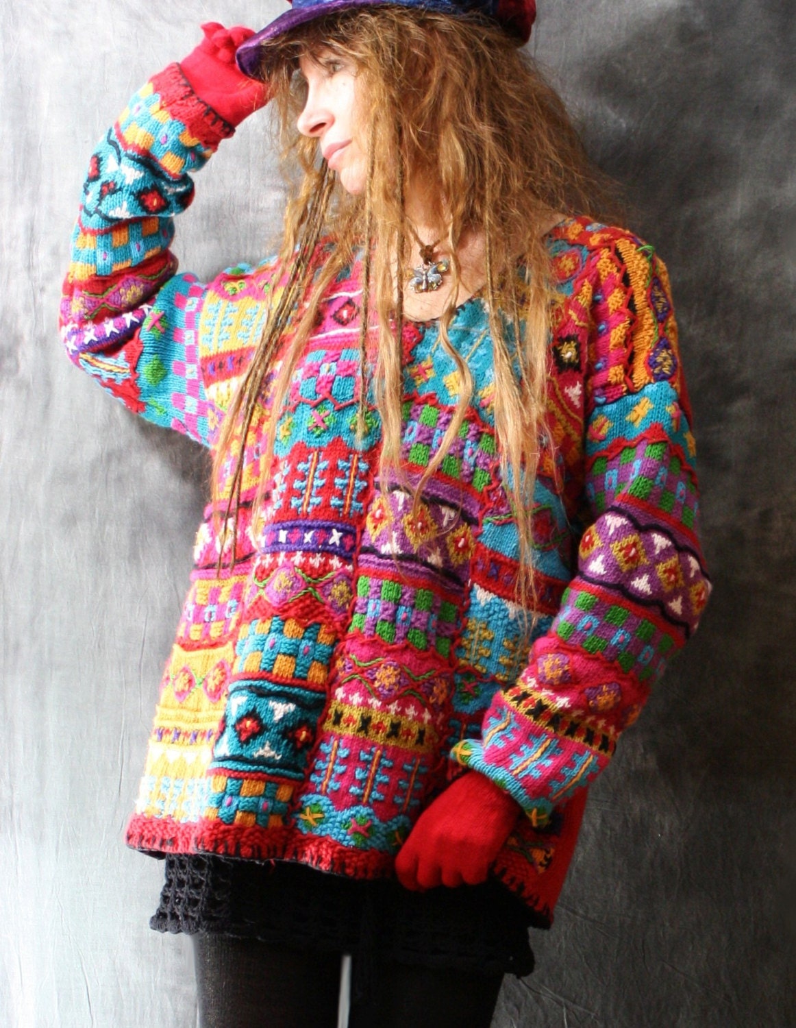 Vintage Dress Sweater 1980s Funky Colorful Cute Embroidered
