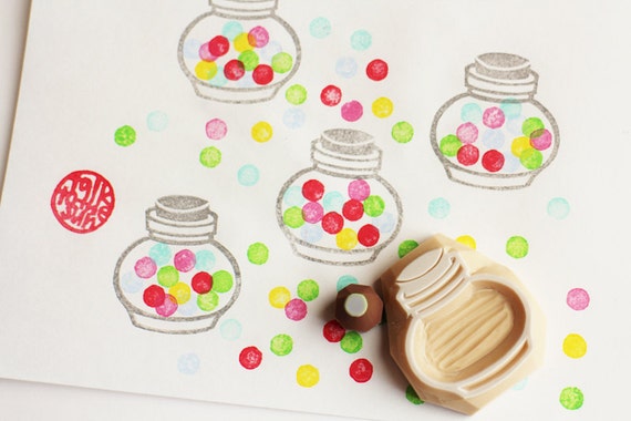bubble gum jar stamp set. sweets hand carved rubber stamp. diy birthday/christmas. scrapbooking. gift wrapping. craft projects. set of 2