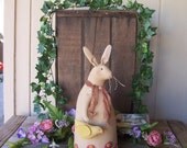 Primitive Antiqued Spring Bunny Doll - Appliqued Embroidered Flowers w/Yellow Chick -Easter Buddies- Clover & Peep - ofg hafair faap
