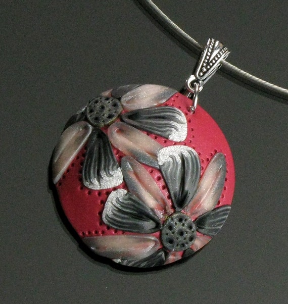 Red Flower Necklace Polymer Clay Flower Pendant Floral Art