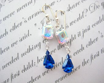Swarovski Capri Blue Pearshape With Crystal AB Dangle Earrings Sterling Silver Ear Wire