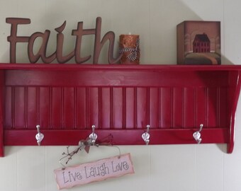 Wood Shelf Country Coat Rack Wall shelf Painted Red