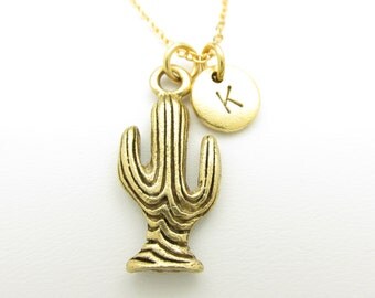 Cactus Necklace, Cactus Tree Charm, Personalized, Initial Necklace, Stamped Initial Letter, Tree Necklace, Monogram, Antique Gold Z023