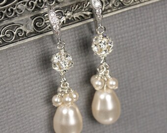 Teardrop Pearl Earrings, Pearl Bridal Jewelry, Rhinestone and Pearl Dangle Earrings, Wedding Earrings, White or Ivory Pearl Drop Earrings