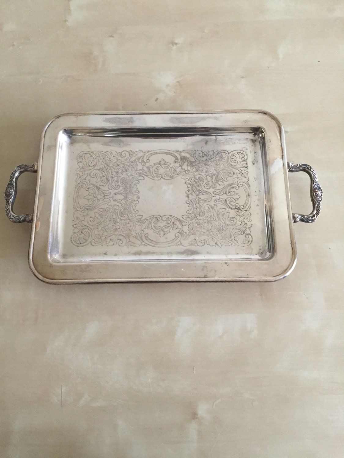 Vintage Silver Footed Serving Tray with Handles, Etched pattern and aged patina Haute Juice