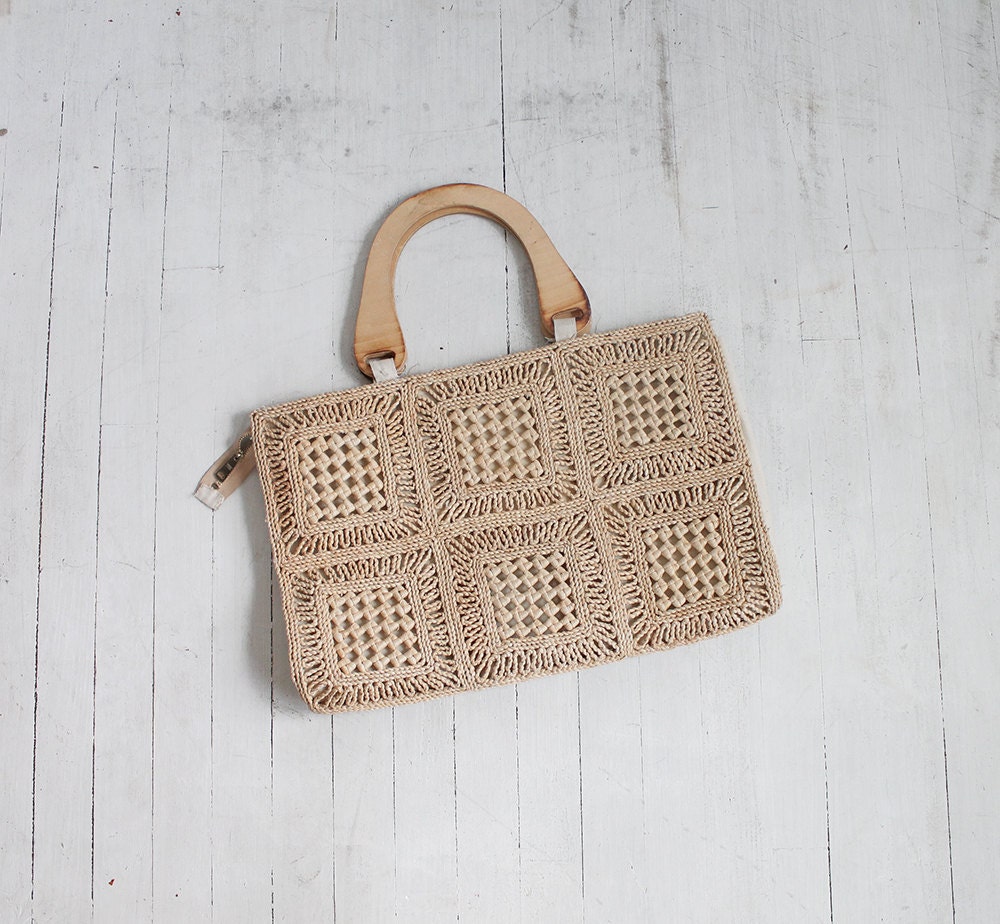Vintage 70s Large Rattan Tote Bag with Wooden Handles