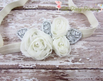 Ivory Flower Headband, Chiffon Flower Trio w/ Pearls Headband, Baptism, Christening, Wedding, Newborn Headband, Baby Child Girls Headband
