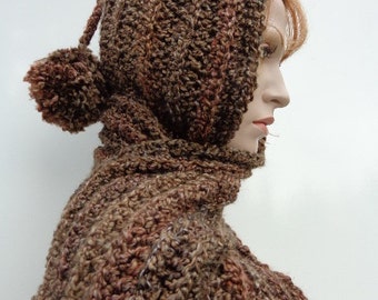 Browns Hooded Scarf - Barley Brown Scoodie - Barley Browns Pixie Hood - Browns Hat and Scarf - Crochet Hooded Scarf