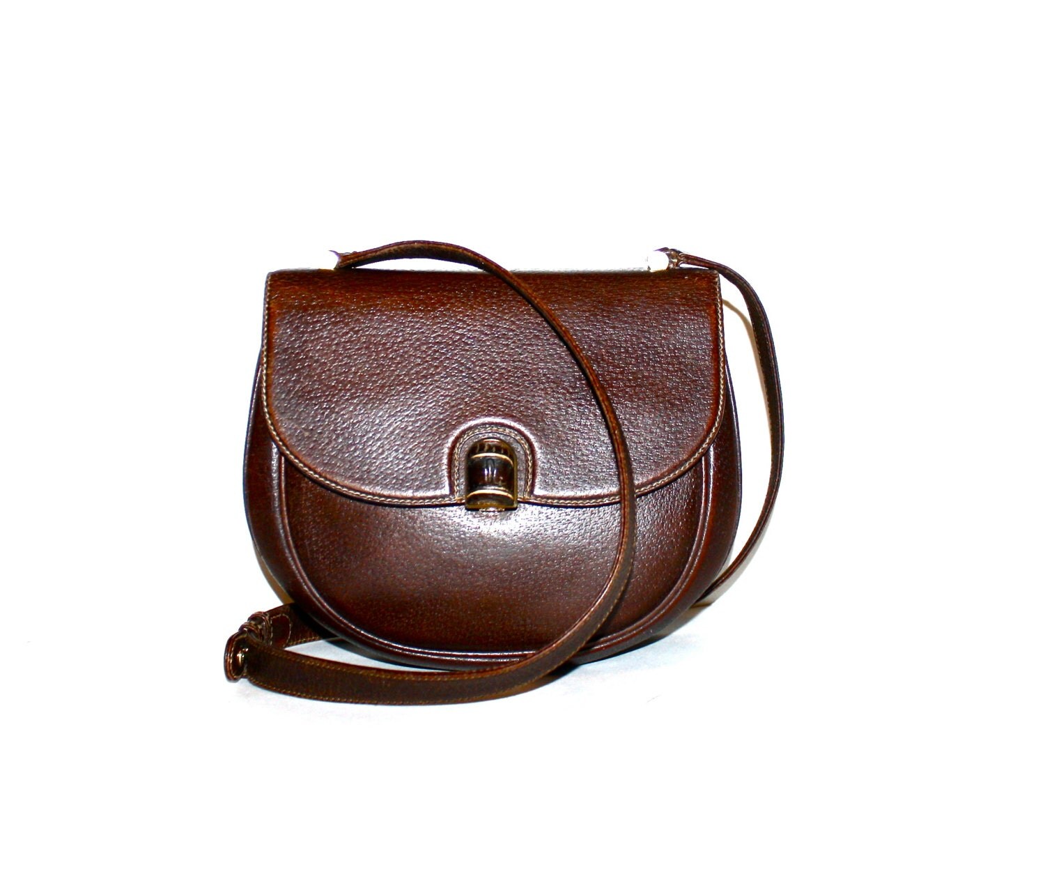 GUCCI Vintage Leather Handbag Brown Pebbled Bamboo Bag